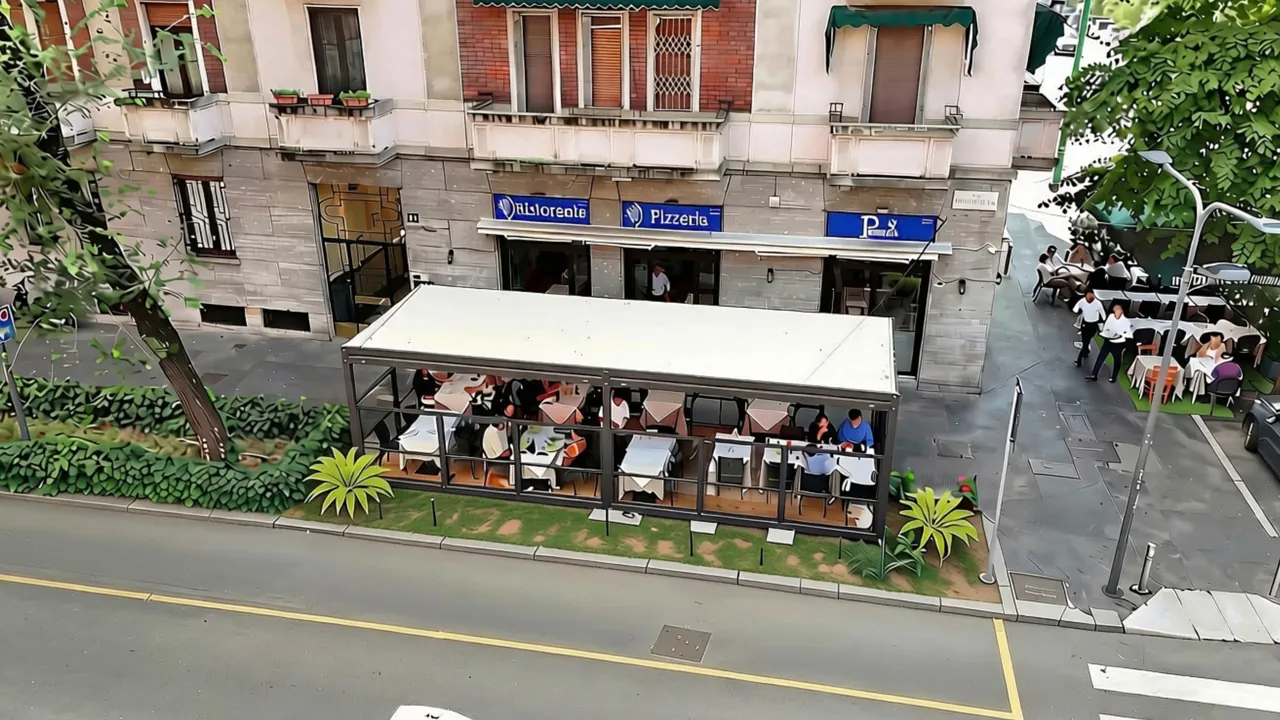 Dehor su strada davanti a una pizzeria, visto dall'alto
